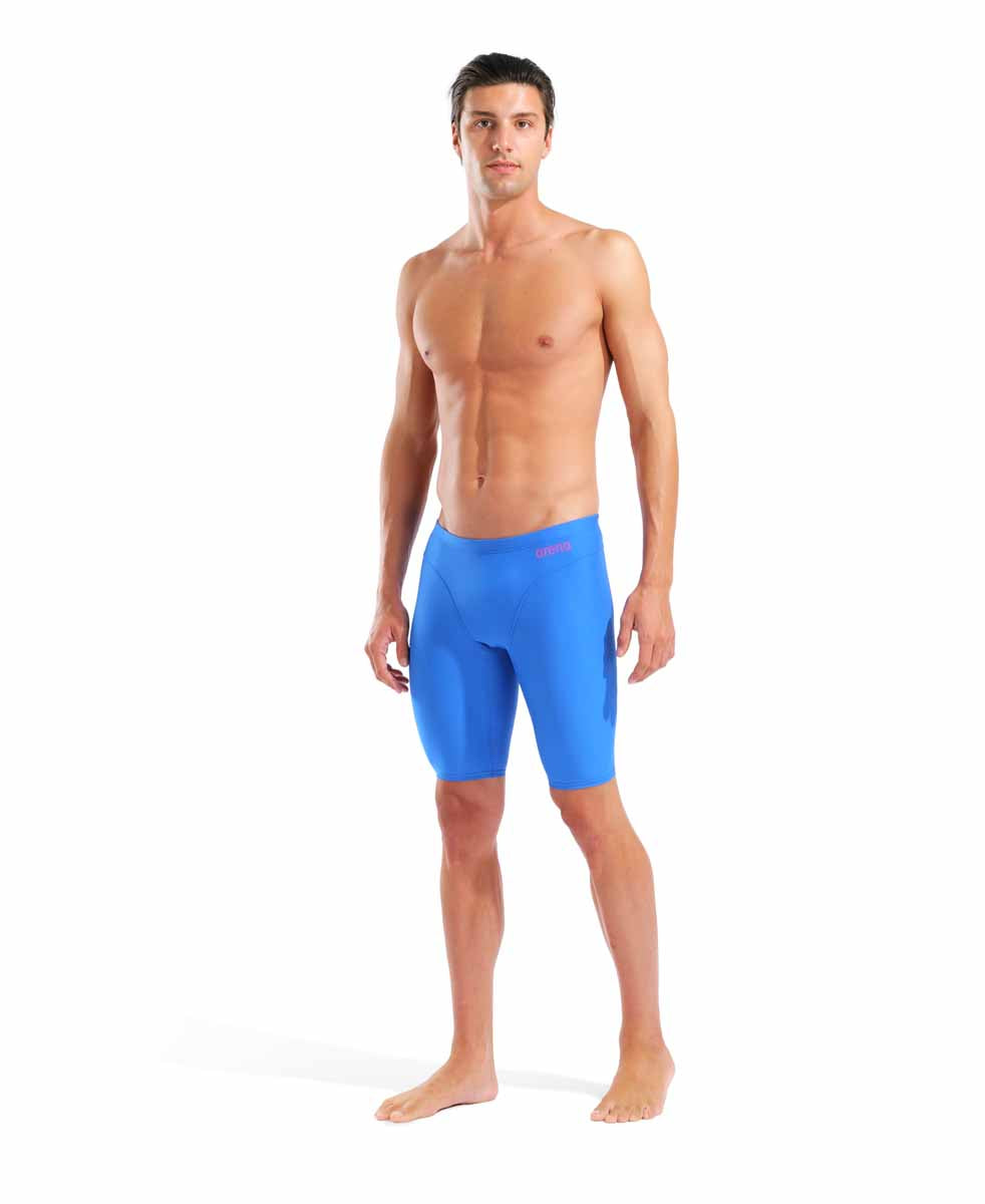 Arena men's Hyperflow solid jammer in blue and purple, featuring a sleek, fitted design for competitive swimming.