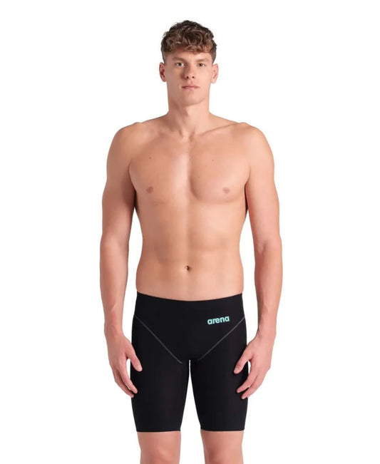 Arena men's Powerskin Impulso jammer in black and teal, designed for competitive swimming with a sleek fit. 982