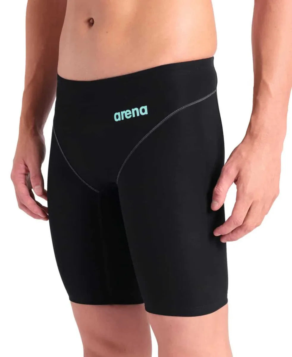 Arena men's Powerskin Impulso jammer in black and teal, designed for competitive swimming with a sleek, streamlined fit.