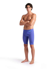 Arena men's Powerskin Impulso jammer in Future Dusk color, close-up view of the sleek, fitted swim jammer with branding details.