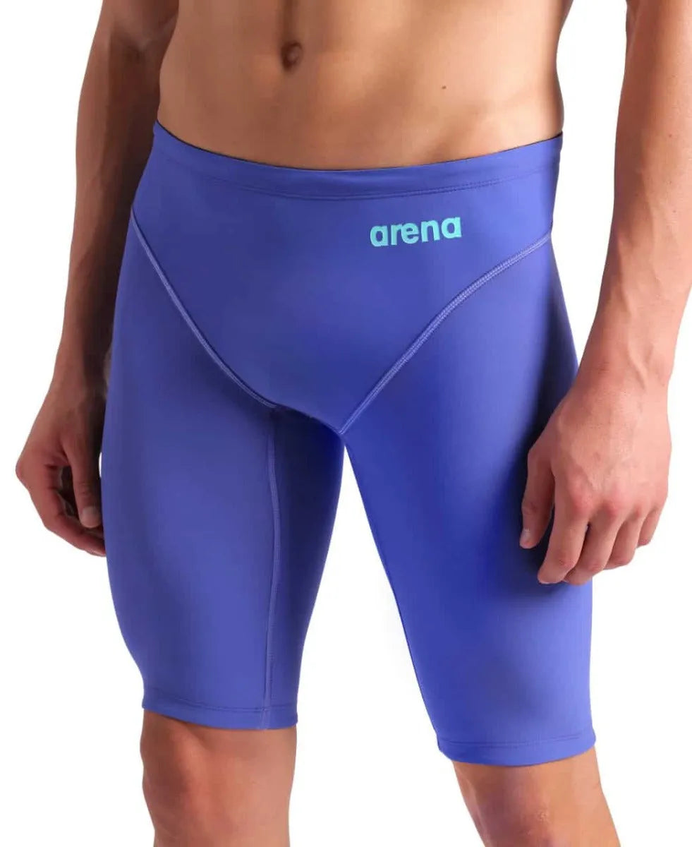 Arena men's Powerskin Impulso jammer in Future Dusk design, lightweight swim jammer for competitive swimming, close-up view.