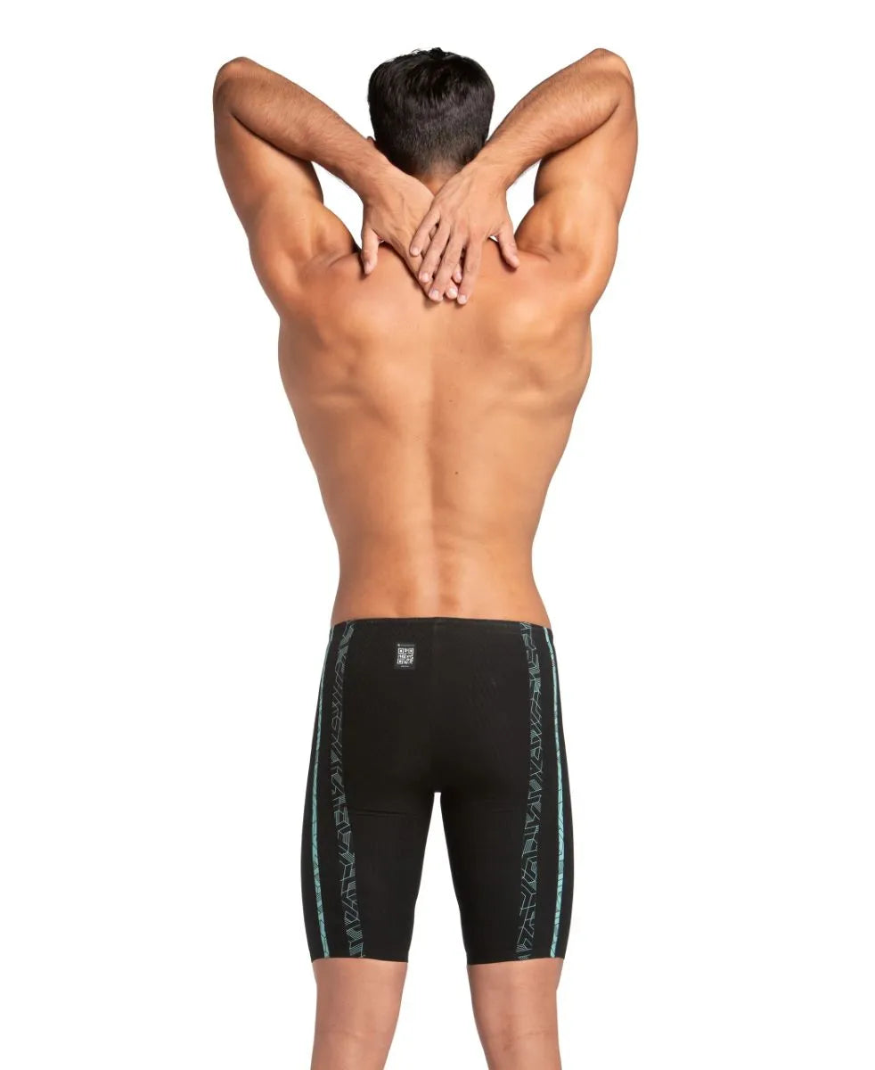 Arena men's Powerskin Primo jammer in black and teal, designed for competitive swimming and performance.