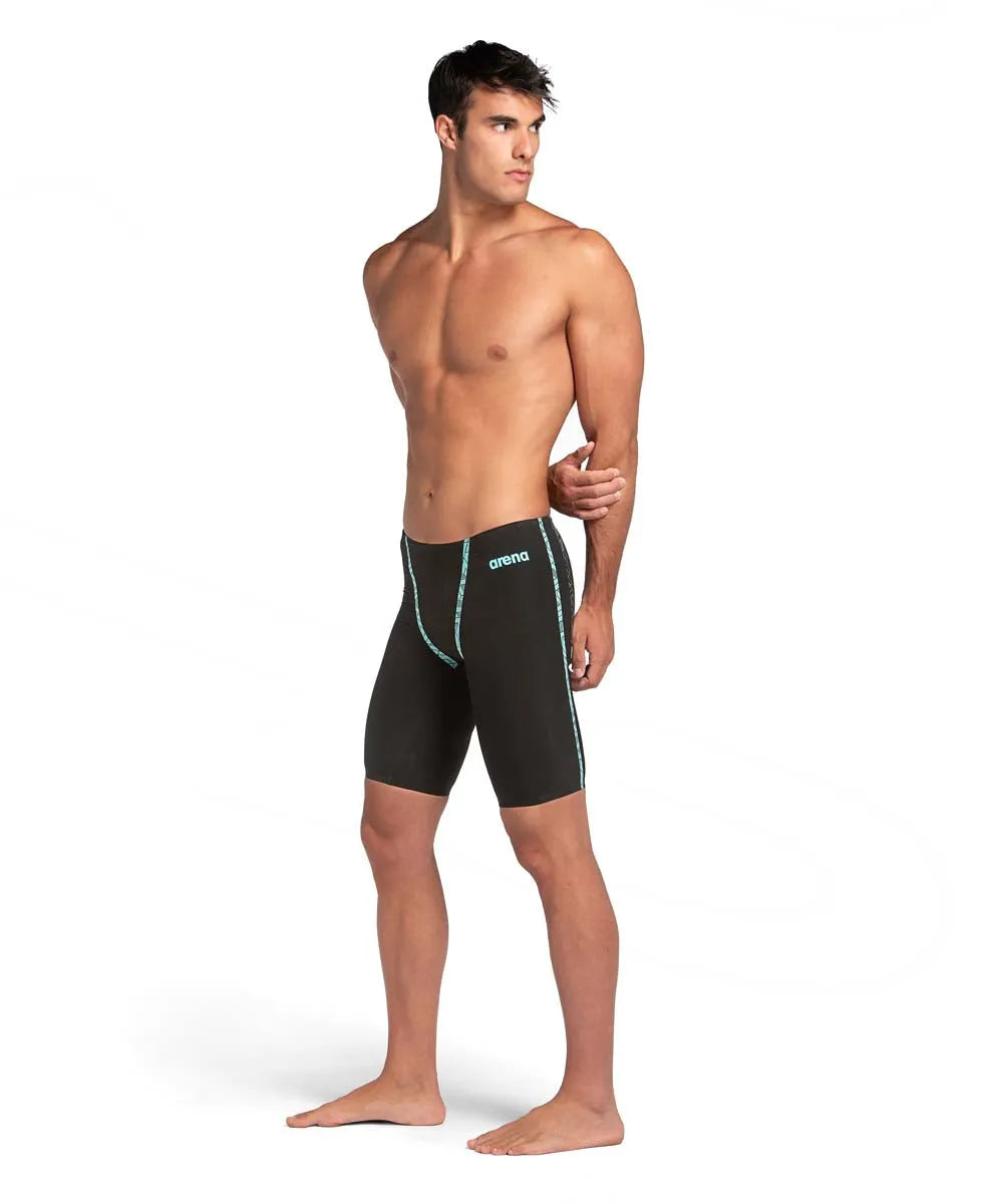 Arena Men's Powerskin Primo Jammer in black and teal, swimming suit designed for competitive swimmers with sleek fit.