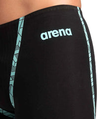 Arena men's Powerskin Primo jammer in black and teal, featuring streamlined swimwear design for competitive swimming.