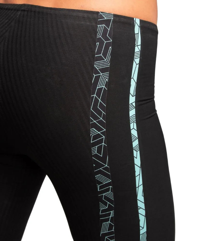 Arena men's Powerskin Primo jammer in black and teal, close-up view of the sleek swimwear fabric and design details.