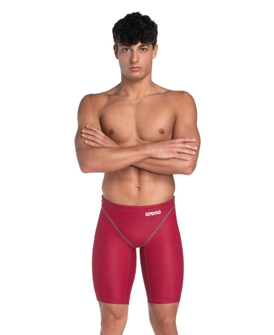 Arena men's Powerskin ST Next Jammer in deep red, close-up view showcasing sleek swimwear design and material. 983