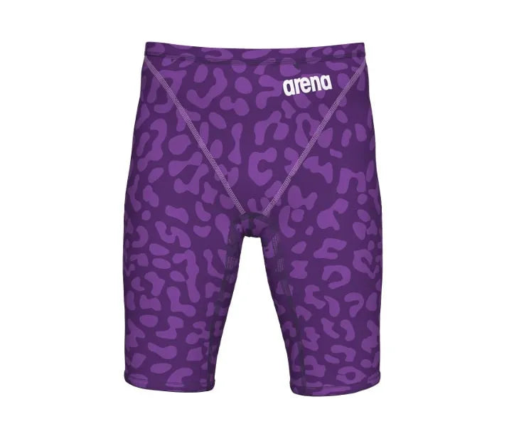 Arena Men's Powerskin ST Next Ltd Edition Leopard Violet jammer, close-up showing sleek design and vibrant purple and black leopard print.