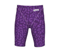 Arena Men's Powerskin ST Next Ltd Edition Leopard Violet jammer, close-up showing sleek design and vibrant purple and black leopard print.
