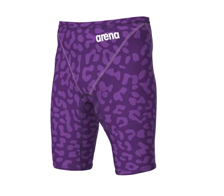 Arena men's Powerskin ST Next Ltd Edition Leopard Violet jammer for competitive swimming, featuring sleek design and vibrant pattern.