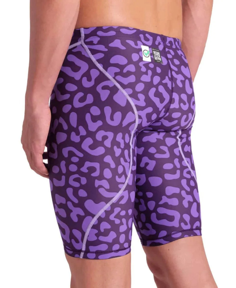 Arena men's Powerskin ST Next Ltd Edition Leopard Violet jammer, sleek swimwear with a vibrant purple and black leopard print design.