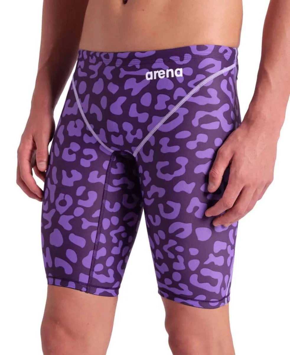 Arena Men's Powerskin ST Next Ltd Edition Leopard Violet jammer, sleek swimwear designed for competitive swimming.