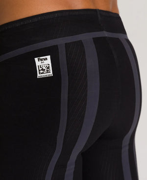 Black Arena Mens Carbon Core FX Jammer swimming suit, close-up view showing the sleek fit and fabric texture.