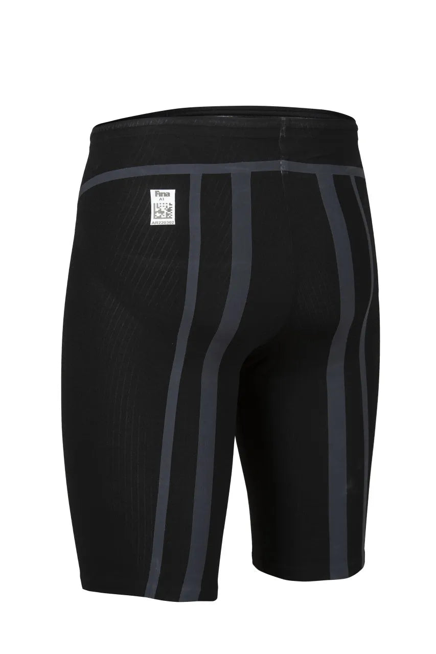 Arena men's Carbon Core FX jammer in black, close-up view showcasing the sleek swimwear design and durable fabric.