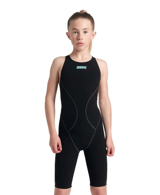 Arena Girls Powerskin Impulso Kneesuit in black and teal, featuring a sleek design for competitive swimming. 982