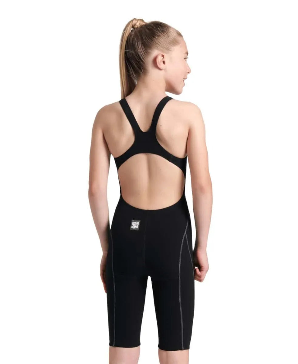 Arena Girls Powerskin Impulso Kneesuit in black and teal, featuring a sleek design ideal for competitive swimming.