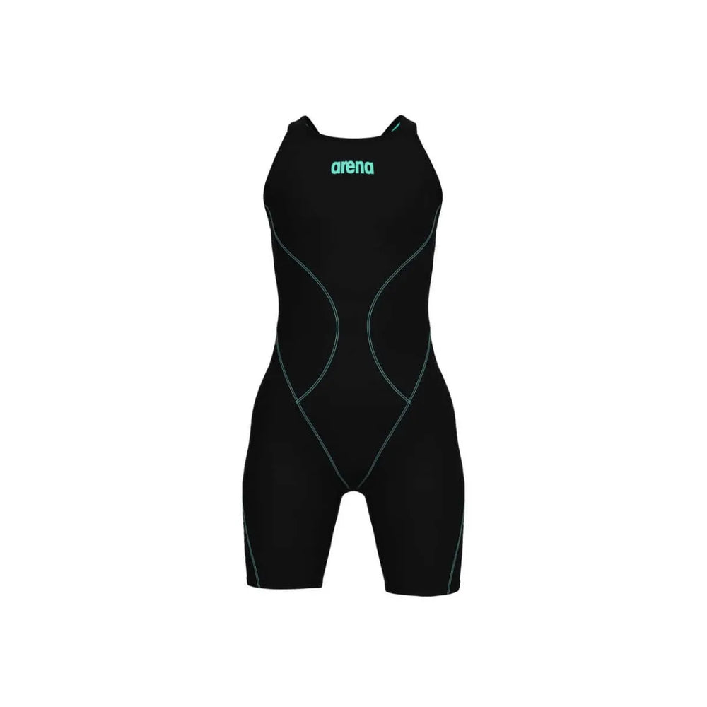 Arena Girls Powerskin Impulso kneesuit in black and teal, designed for swimming, featuring a sleek, form-fitting suit for young athletes.