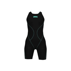Arena Girls Powerskin Impulso kneesuit in black and teal, designed for swimming, featuring a sleek, form-fitting suit for young athletes.