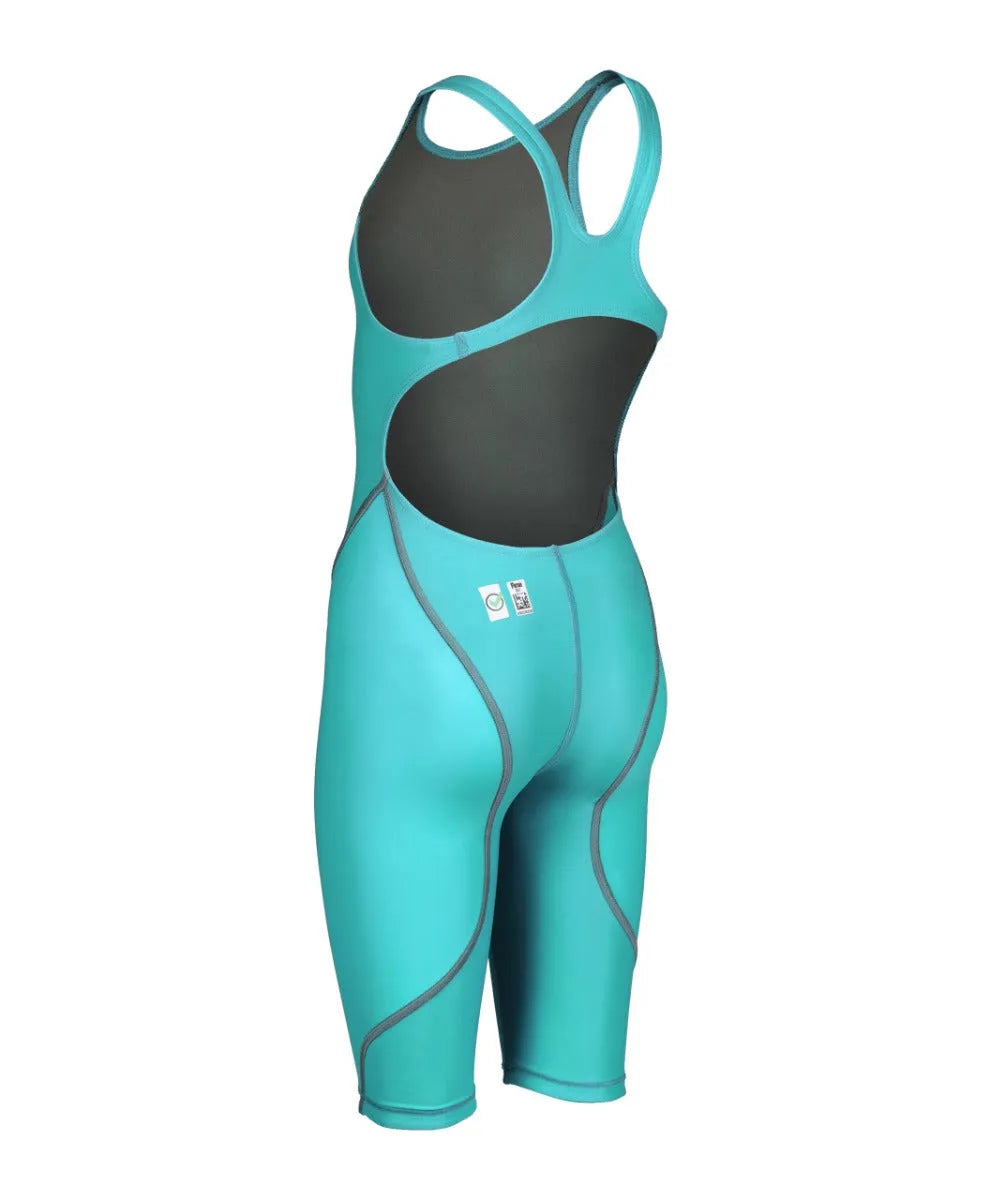 Arena Girls Powerskin ST Next kneesuit in aquamarine, featuring a sleek design for young swimmers.