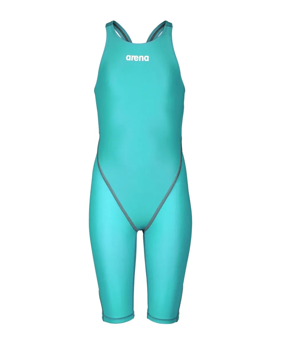 Arena Girls Powerskin ST Next kneesuit in aquamarine, sporty swimwear designed for young swimmers, featuring a sleek fit and vibrant color.