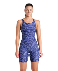 Arena women's printed full body swimsuit, navy and multi-color kneesuit with a sleek, full-coverage design for swimming.