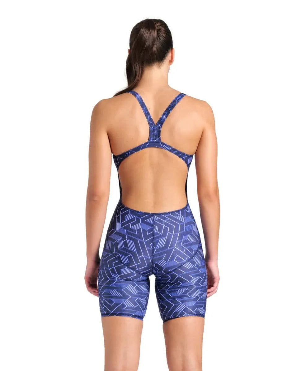 Arena women's printed full body swimsuit kneesuit in navy and multicolor, showcasing the vibrant, full-coverage design.