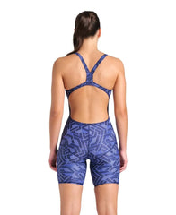 Arena women's printed full body swimsuit kneesuit in navy and multicolor, showcasing the vibrant, full-coverage design.
