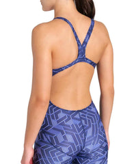 Arena women's printed full-body swimsuit, navy and multi-color kneesuit with vibrant pattern, designed for active swimming.