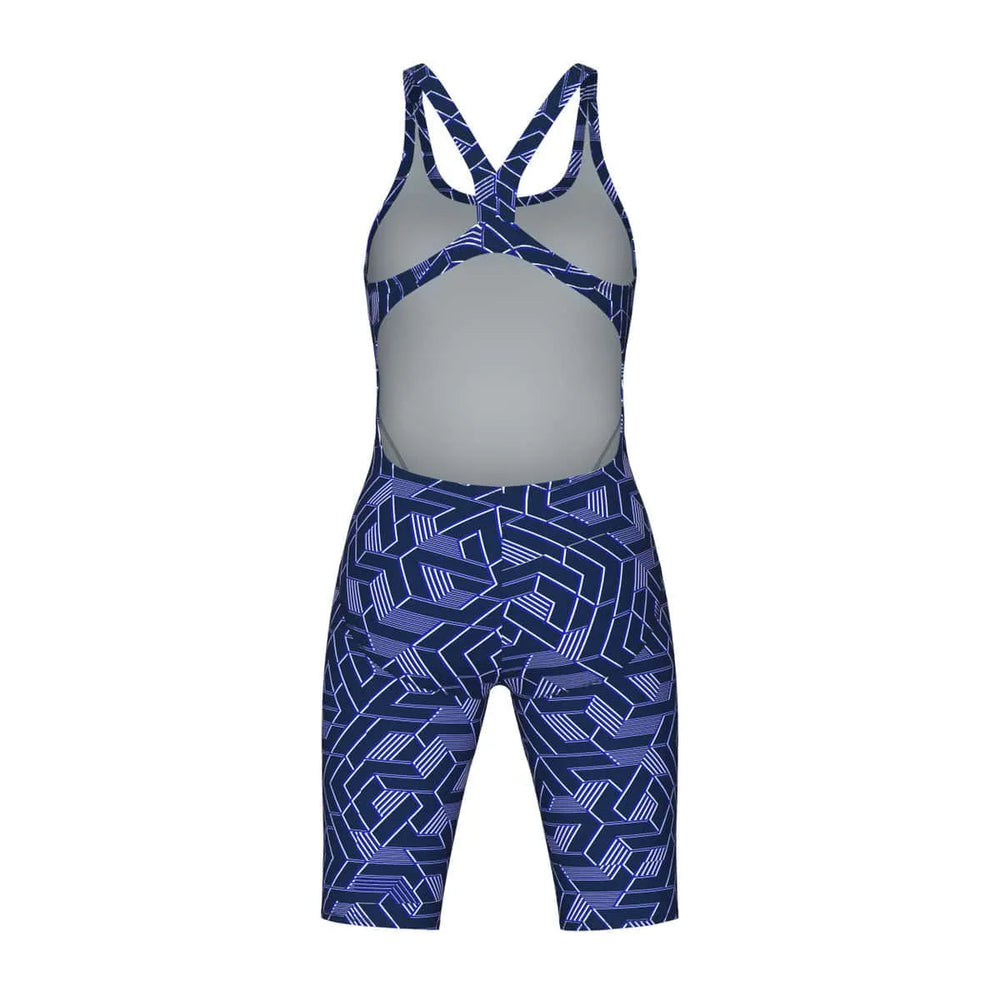 Arena women's printed full body swimsuit, navy and multi-colored design, knee-length kneesuit for women, suitable for swimming.