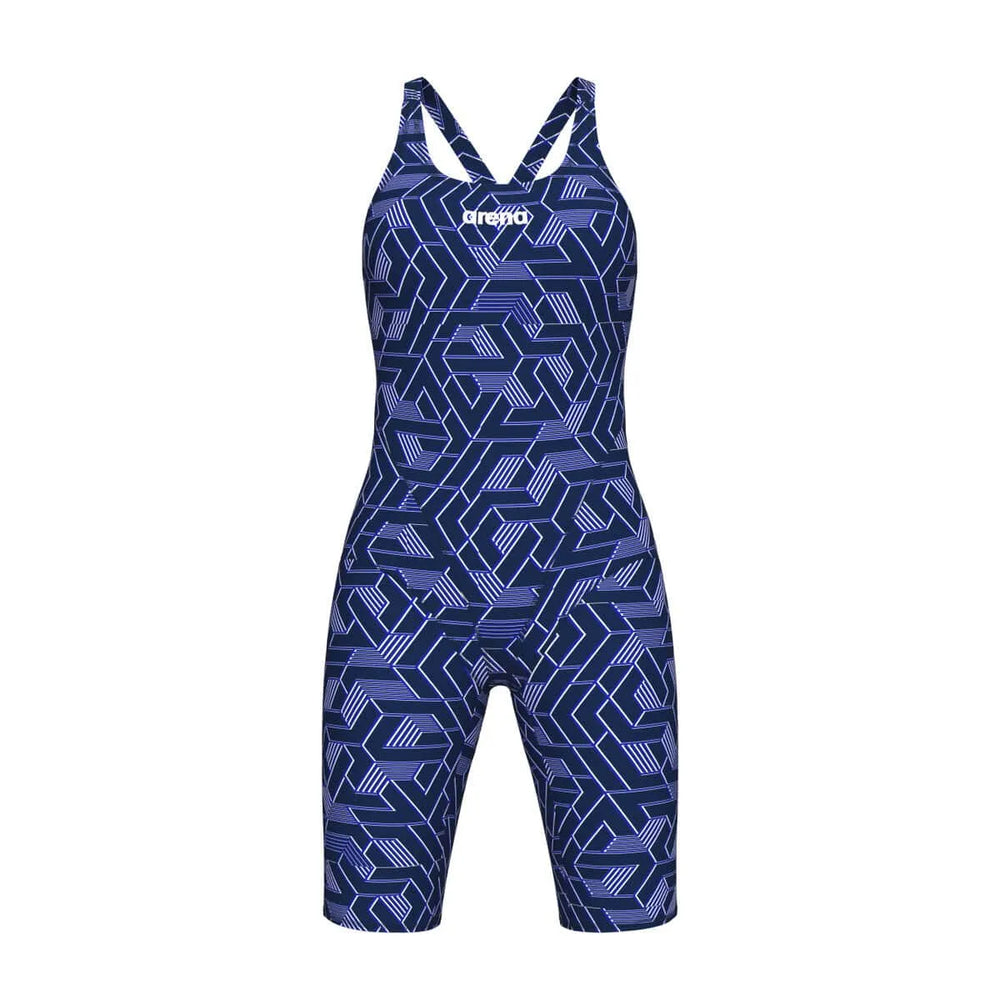 Arena women's printed full-body swimsuit in navy and multi, featuring a knee-length design with vibrant aquatic print.