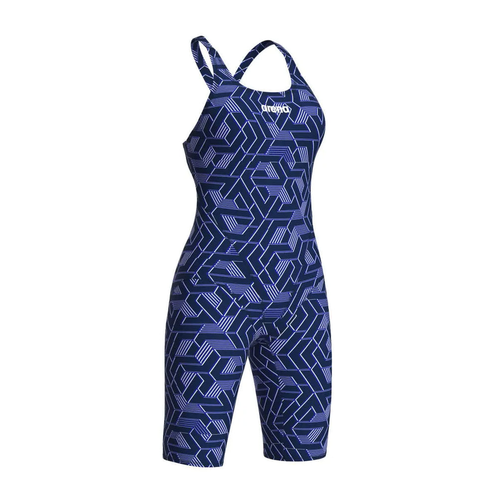 Arena women's printed full body swimsuit, navy and multi-colored kneesuit designed for swimming and water sports.