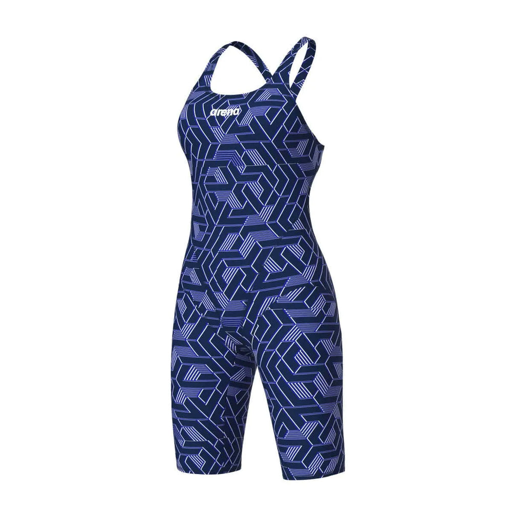 Arena women's printed full-body swimsuit, navy and multi-colored kneesuit with a sleek, fitted design for swimming.