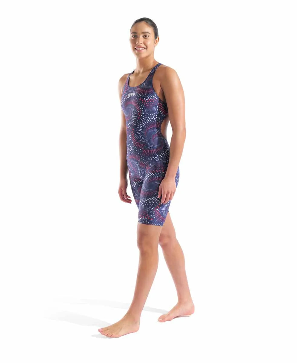 Arena women's printed full-body swimsuit with red, white, and blue design, designed for competitive swimming and water sports.