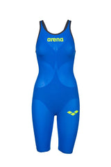 Arena Women's Carbon Air2 Kneesuit, sleek black and blue swimming kneesuit with streamlined design for competitive swimming.