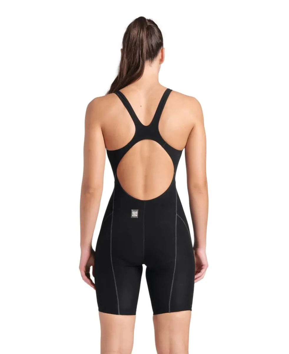 Arena Women's Powerskin Impulso open-back kneesuit in black and teal, designed for competitive swimming.