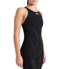 Arena Women's Powerskin Impulso openback kneesuit in black and teal, designed for competitive swimming, featuring sleek, streamlined fit.