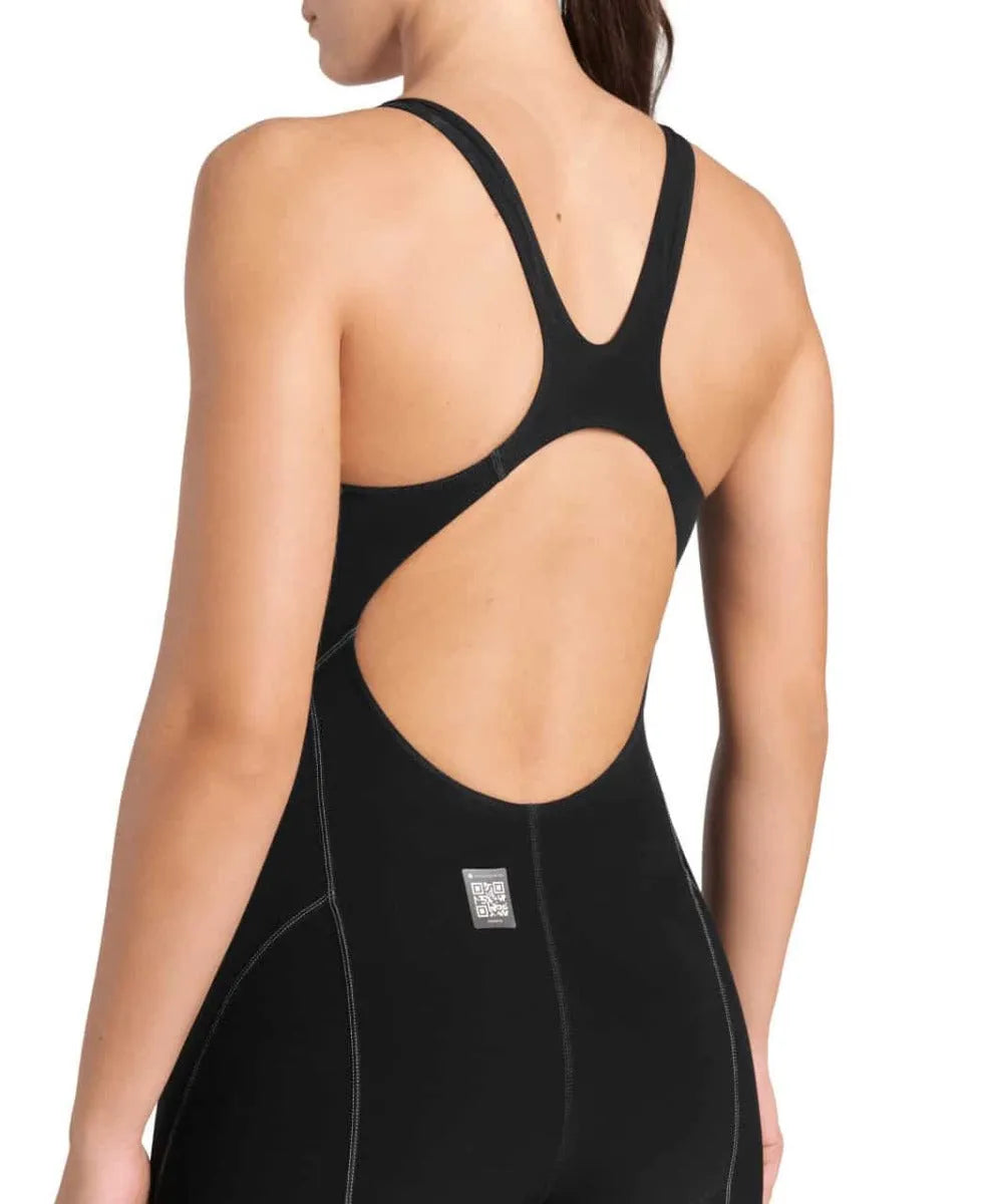 Arena Women's Powerskin Impulso openback kneesuit in black and teal, featuring a sleek design and open back for swimming performance.