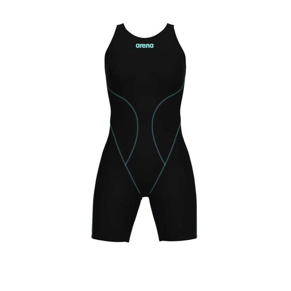 Arena Women's Powerskin Impulso openback kneesuit in black and teal, designed for competitive swimming with a sleek fit.