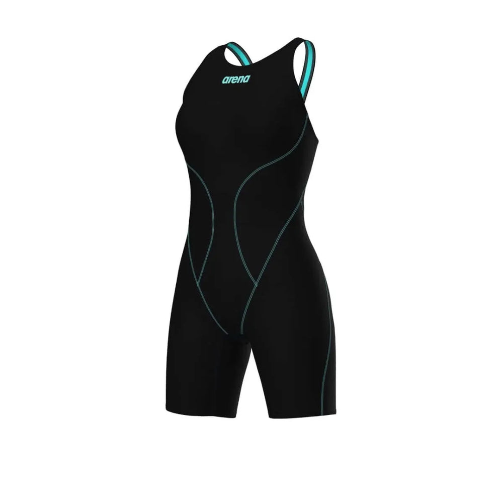 Arena Women's Powerskin Impulso openback kneesuit in black and teal, designed for competitive swimming performance.