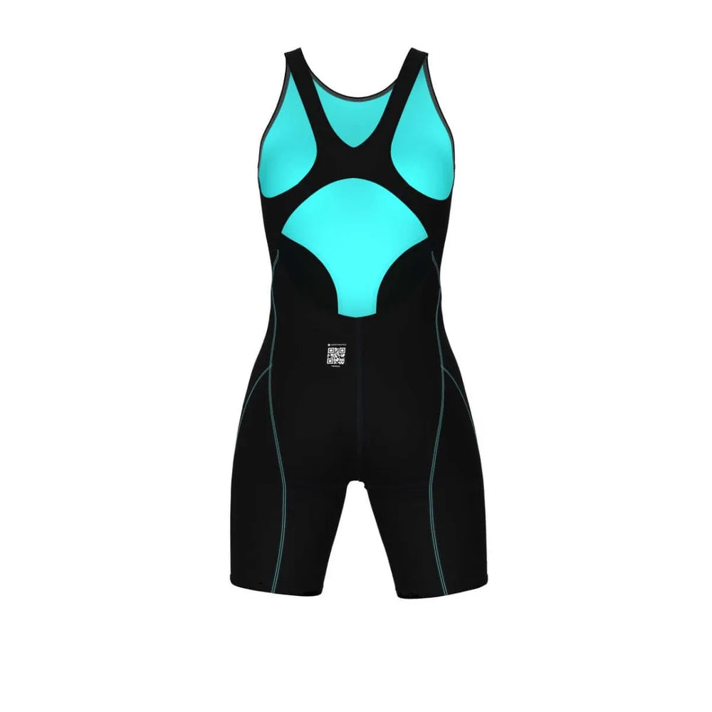Arena Women's Powerskin Impulso open-back kneesuit in black and teal, featuring a sleek design and performance fabric for competitive swimming.