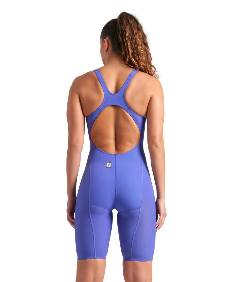 Arena Women's Powerskin Impulso open-back kneesuit in Future Dusk color, featuring sleek design and high-performance swimming fabric.
