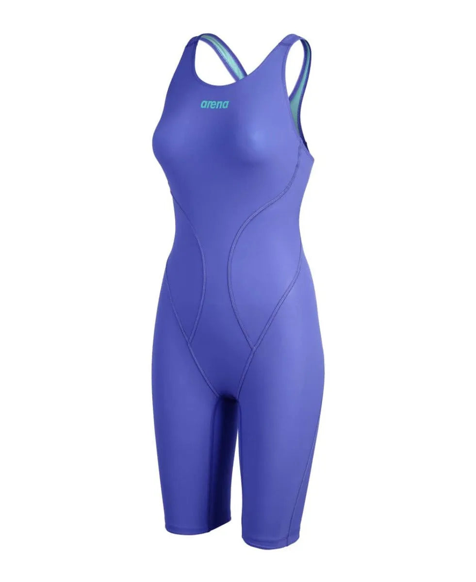Arena Women’s Powerskin Impulso openback kneesuit in Future Dusk, designed for competitive swimming, featuring sleek fabric and open back.