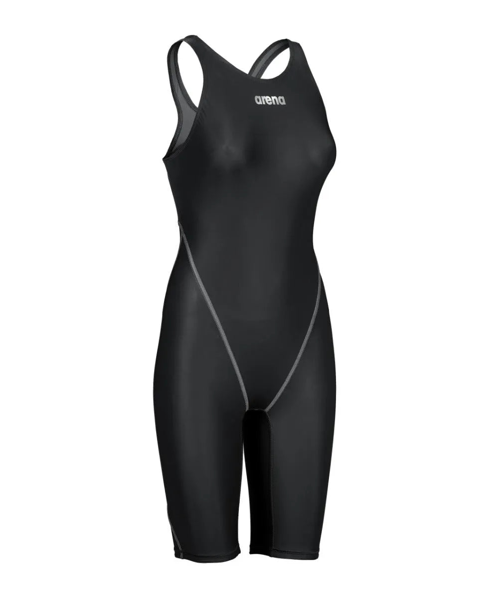 Black Arena Women's Powerskin ST Next Kneesuit, close-up of sleek, form-fitting swimwear with textured fabric for competitive swimming.