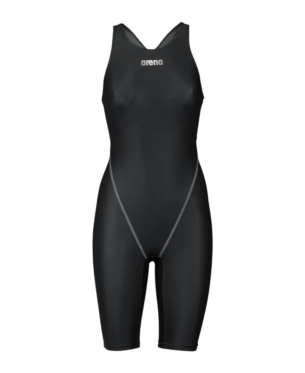 Black Arena Women's Powerskin ST Next kneesuit, close-up of the sleek, form-fitting swimming suit designed for competitive swimmers.