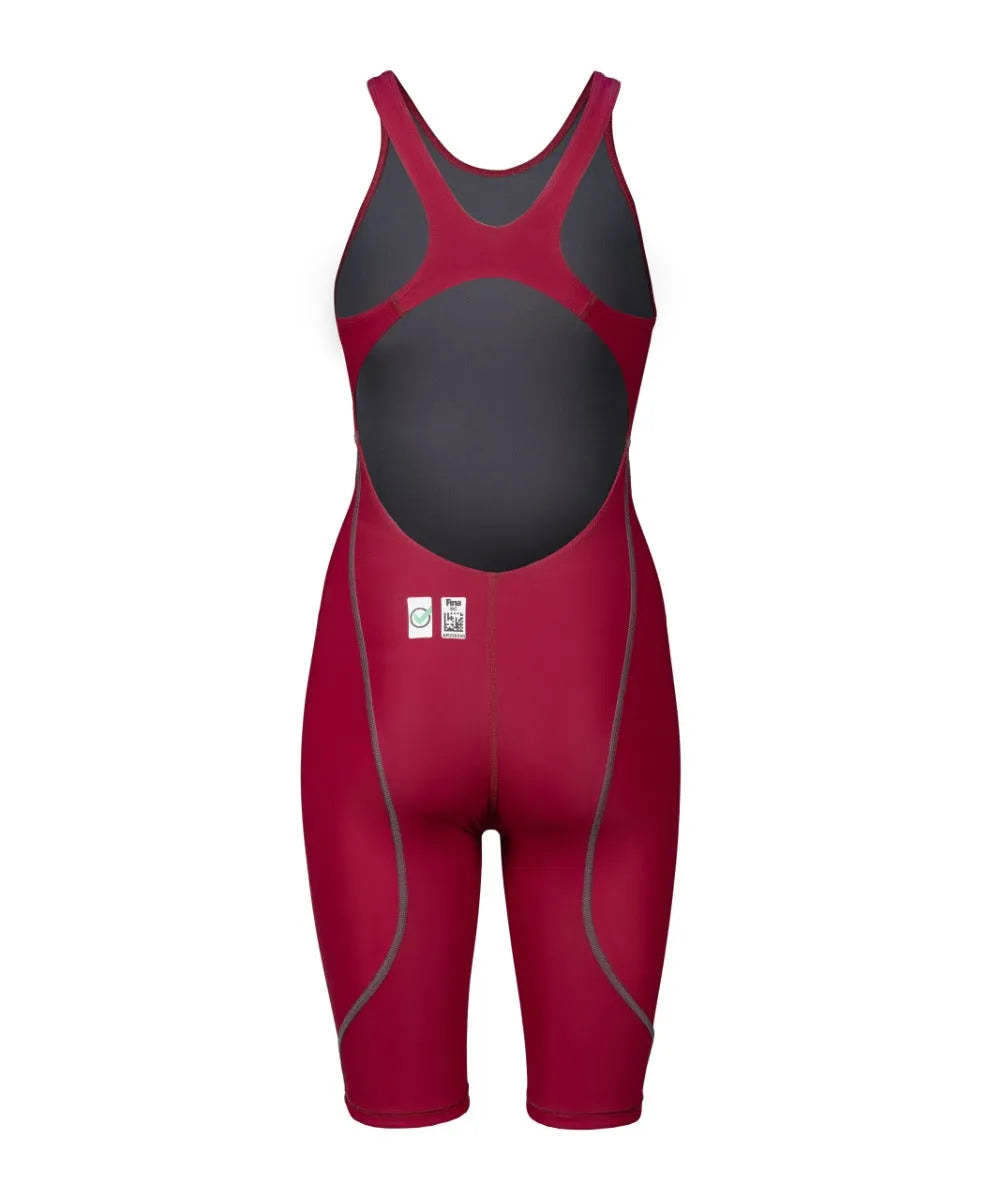 Arena Women's Powerskin ST Next kneesuit in deep red, close-up of the sleek, fitted swimwear designed for competitive swimming.