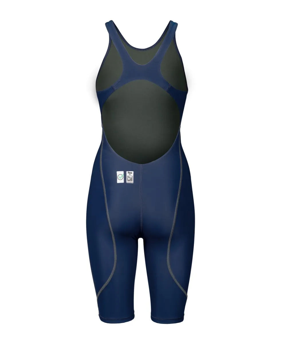 Arena Women's Powerskin ST Next Kneesuit in navy, close-up view of the high-performance swimwear for women.