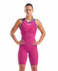 Arena Women's Powerskin Veloce Ltd Edition open-back kneesuit in violet, designed for competitive swimming.