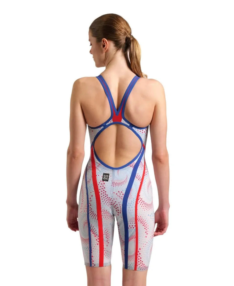Arena Womens Powerskin Primo Kneesuit Ltd Edition in Fireflow, close-up of sleek, high-performance swim kneesuit for women.