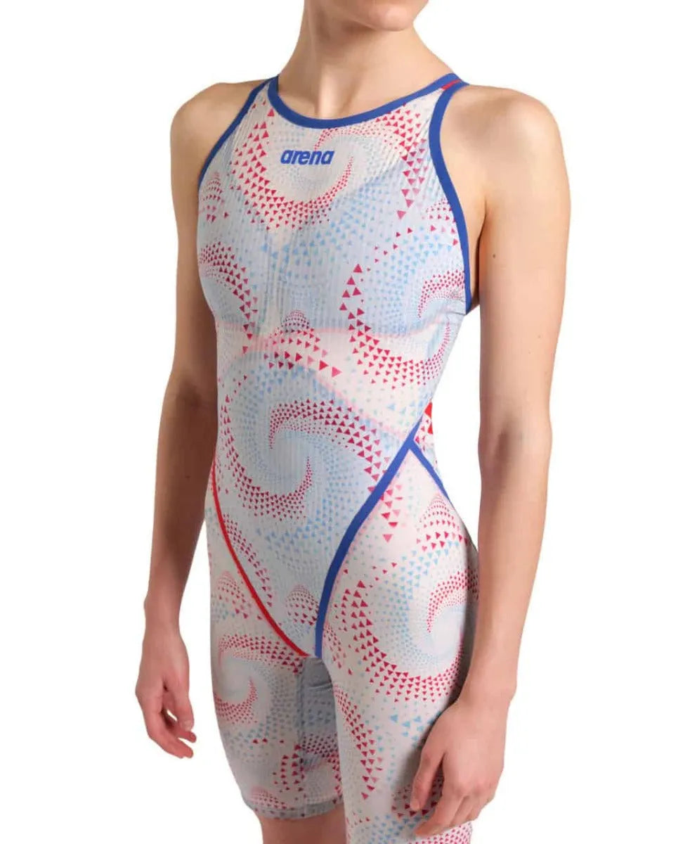 Arena Women's Powerskin Primo Kneesuit Ltd Edition in Fireflow, close-up view of sleek, high-performance swimwear for women.