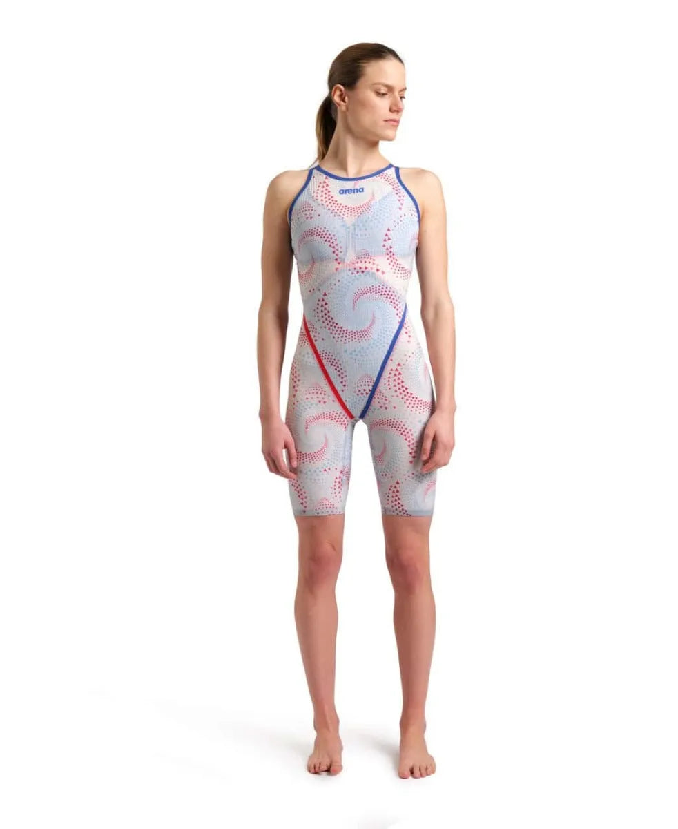 Arena Women's Powerskin Primo Kneesuit Ltd Edition in Fireflow, close-up of sleek black and red design with textured fabric details.