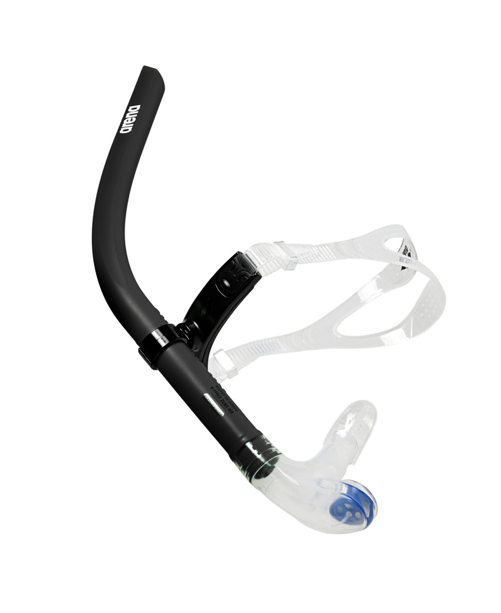 Arena Swim Snorkel III in black, a sleek snorkel designed for comfortable breathing during swim training and water activities.
